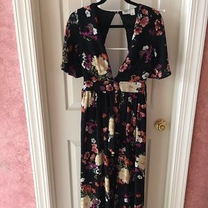 Boho floral print deep v maxi romper